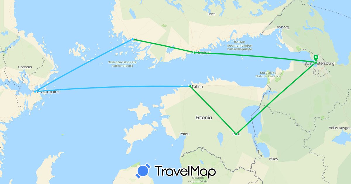 TravelMap itinerary: driving, bus, boat in Estonia, Finland, Russia, Sweden (Europe)